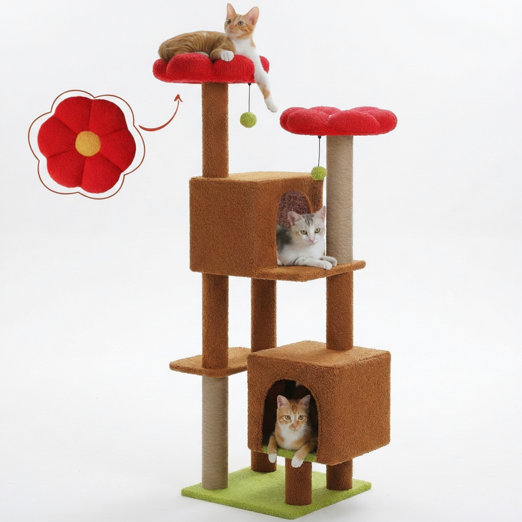 133cm Multi-Level Cat Tree with 2 Hideaways & Sisal Scratching Posts