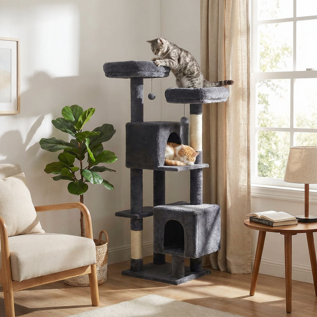 133cm Multi-Level Cat Tree with 2 Hideaways & Sisal Scratching Posts