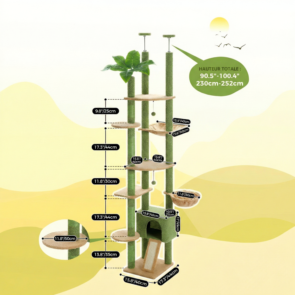 Adjustable Floor-to-Ceiling Maine Coon Cat Tree with XXL Hammock